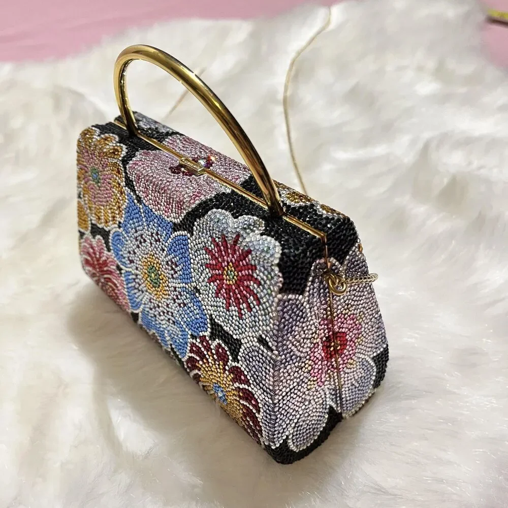 Vintage Judith Leiber Bag Womens Floral Crystal Minaudiere Italy Evening